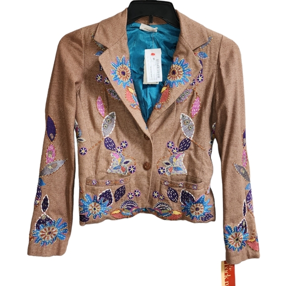 Pinko Womens Tan Silk/Linen Embroidered Floral Blazer Jacket US Size Small - Picture 2 of 7